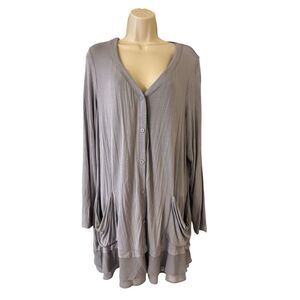 LOGO V-Neck Button Tunic Cardigan Womens 1X Blue With Chiffon Ruffled Hem Top